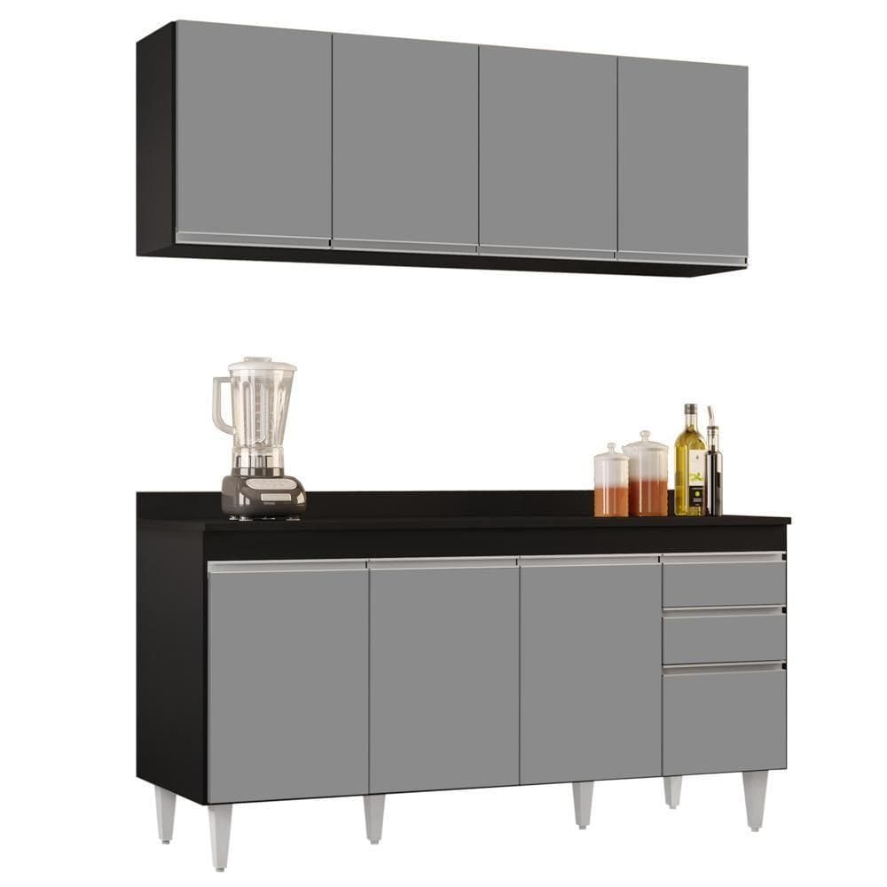 Armário Aéreo Nevada E Balcão Para Pia Com Tampo 160cm Arkansas Preto-cinza - Lumil