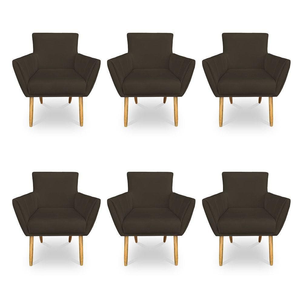 Kit 6 Poltronas Decorativa Leticia Suede Marrom Pés Palito Castanho - Pallazio