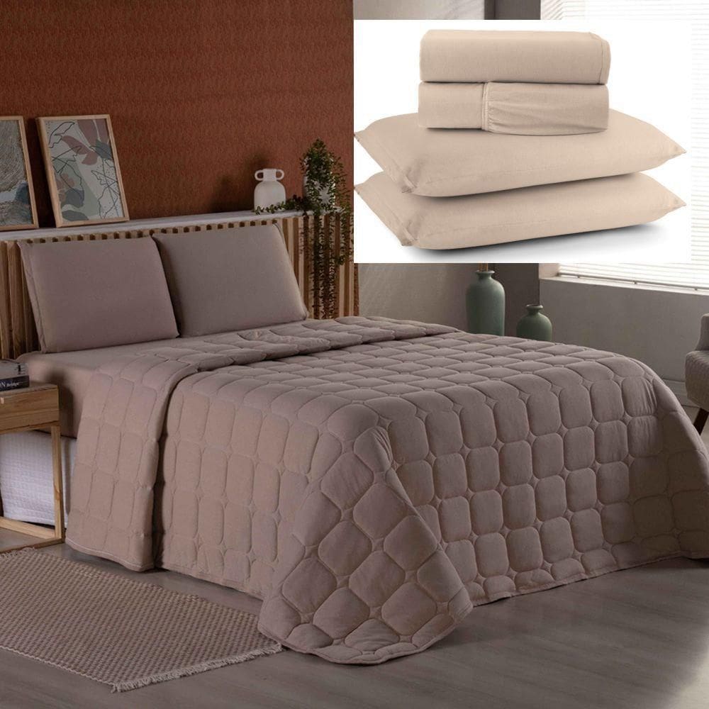 Coordenado Cobre Leito E Lençol Queen Sereno Em Malha 7 Peças - Cáqui - 100% Algodão