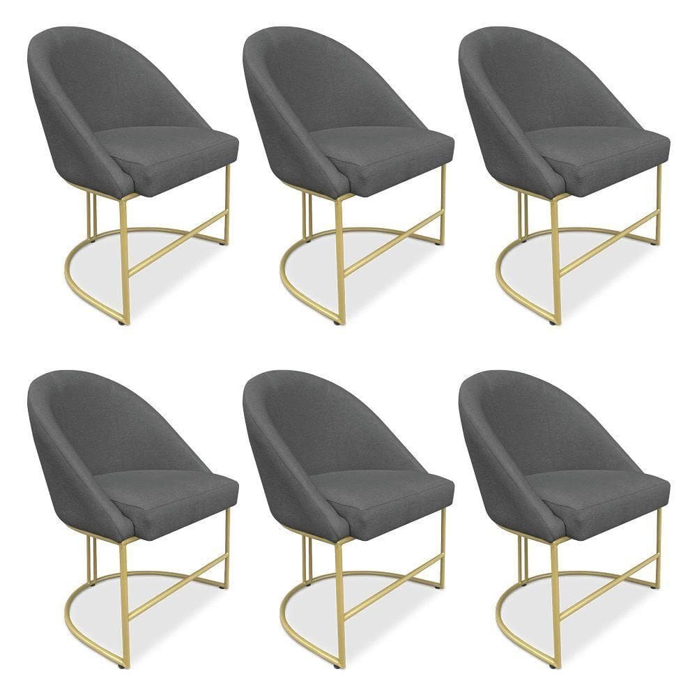 Kit 06 Cadeiras Poltrona De Jantar Bela Veludo Grafite Base Metálica Industrial Dourado - Pallazio