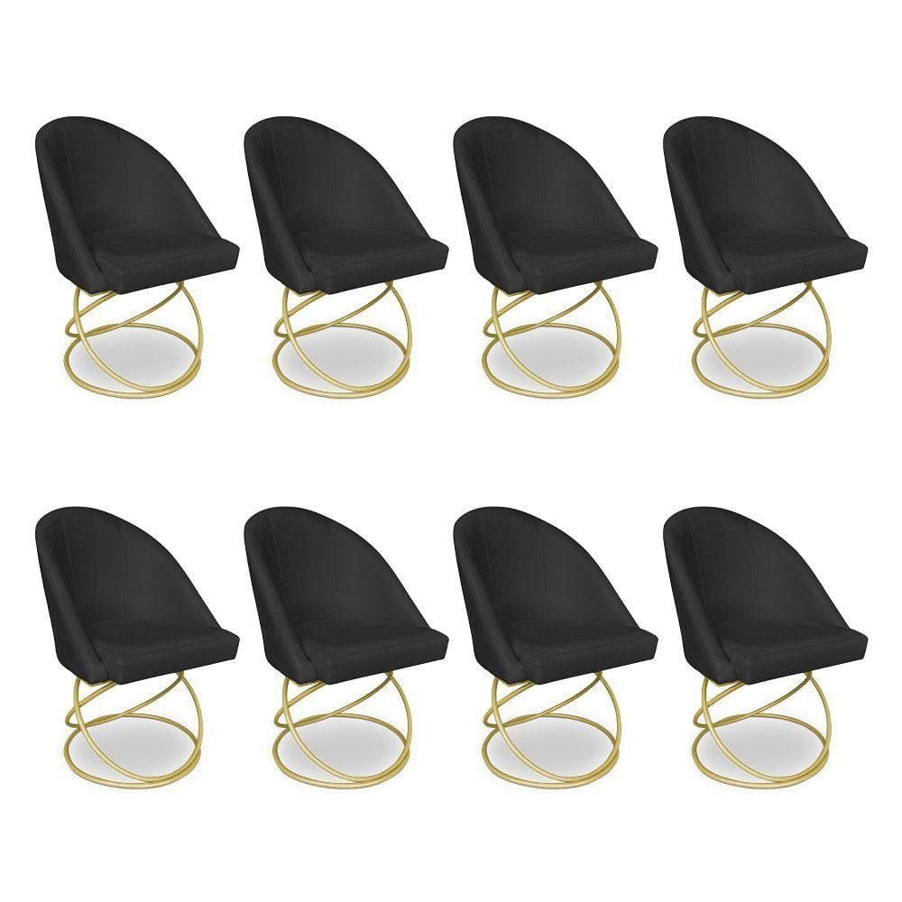 Kit 08 Cadeiras Poltrona De Jantar Bela Veludo Preto Base Metálica Luxo Dourado - Pallazio