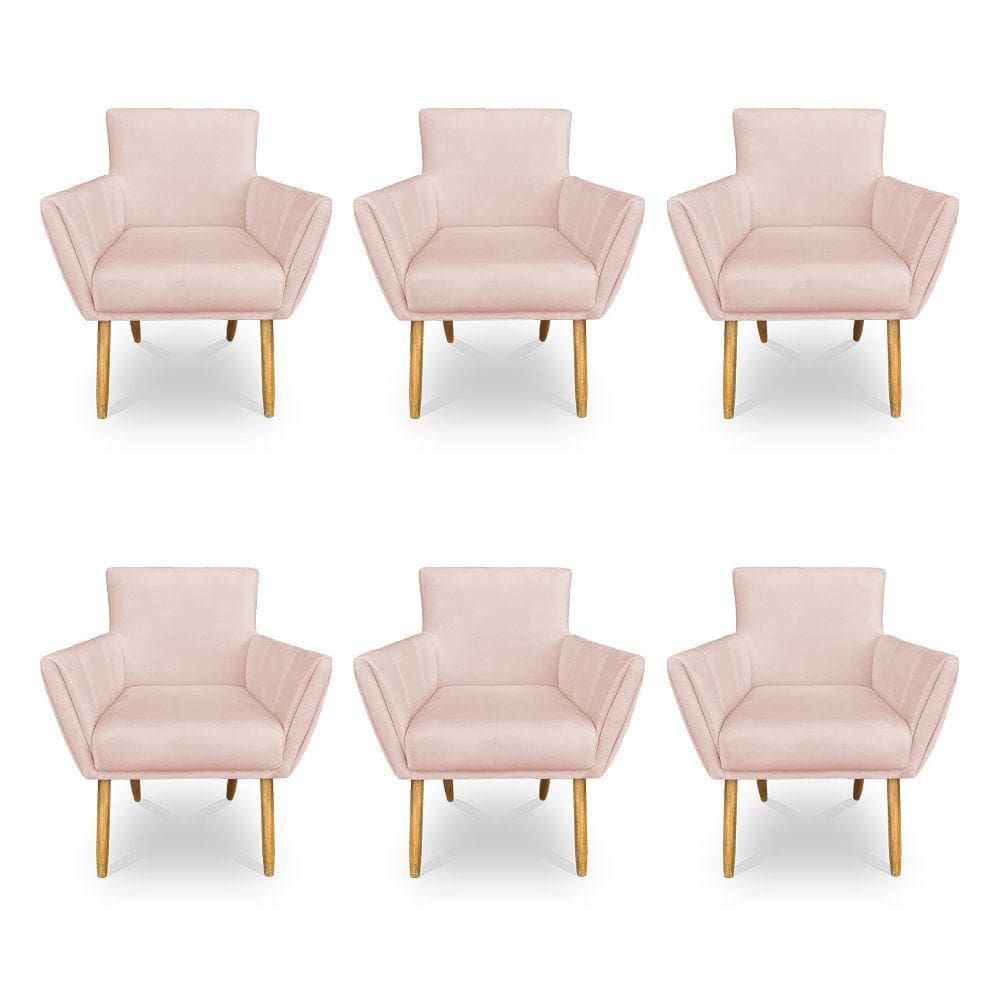 Kit 6 Poltronas Decorativa Leticia Suede Rosa Bebê Pés Palito Castanho - Pallazio