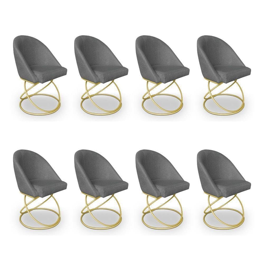 Kit 08 Cadeiras Poltrona De Jantar Bela Linho Grafite Base Metálica Luxo Dourado - Pallazio