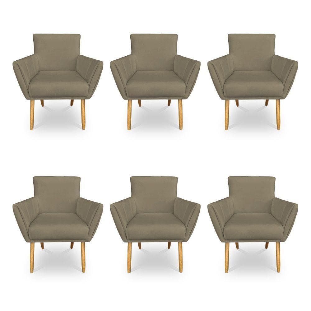 Kit 6 Poltronas Decorativa Leticia Suede Marrom Rato Pés Palito Castanho - Pallazio