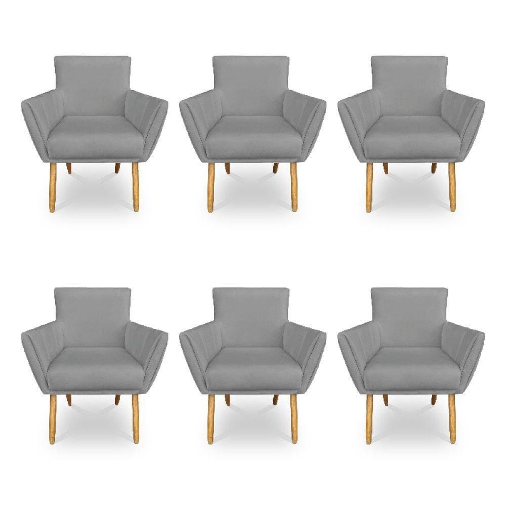 Kit 6 Poltronas Decorativa Leticia Suede Grafite Pés Palito Castanho - Pallazio