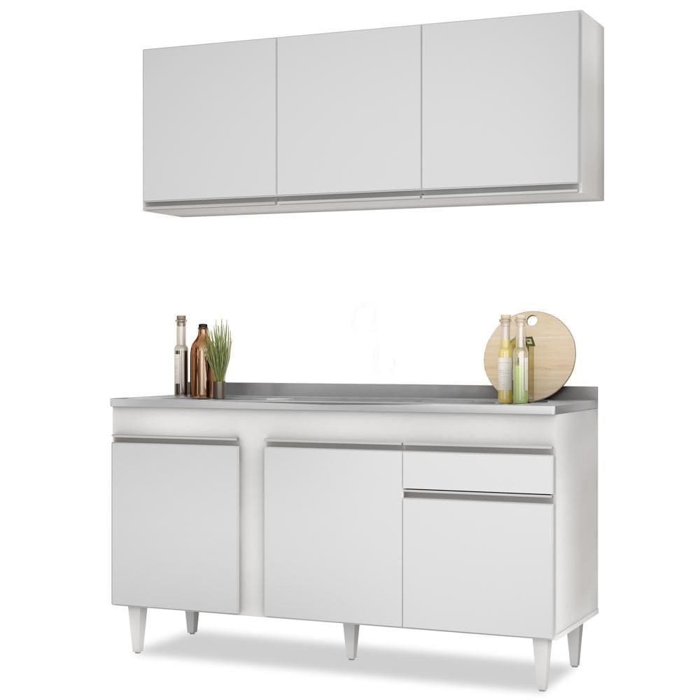 Armário Aéreo Argélia E Balcão Gabinete Com Pia Inox 150cm Dakota Branco - Lumil