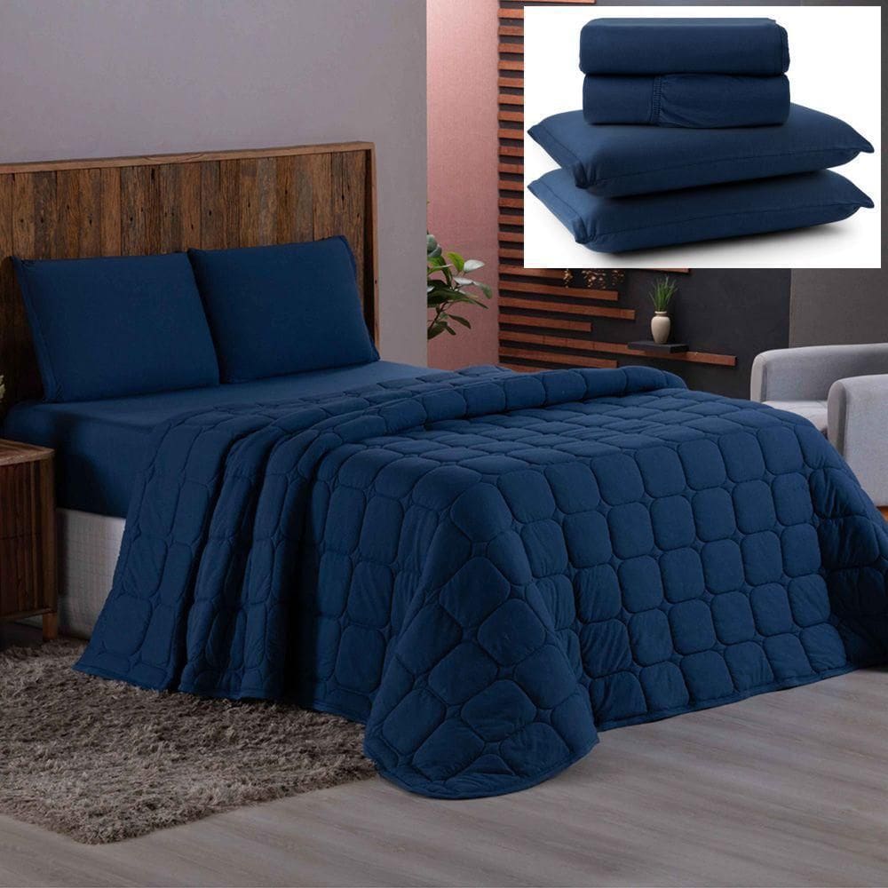 Coordenado Cobre Leito E Lençol Queen Sereno Em Malha 7 Peças - Marinho - 100% Algodão