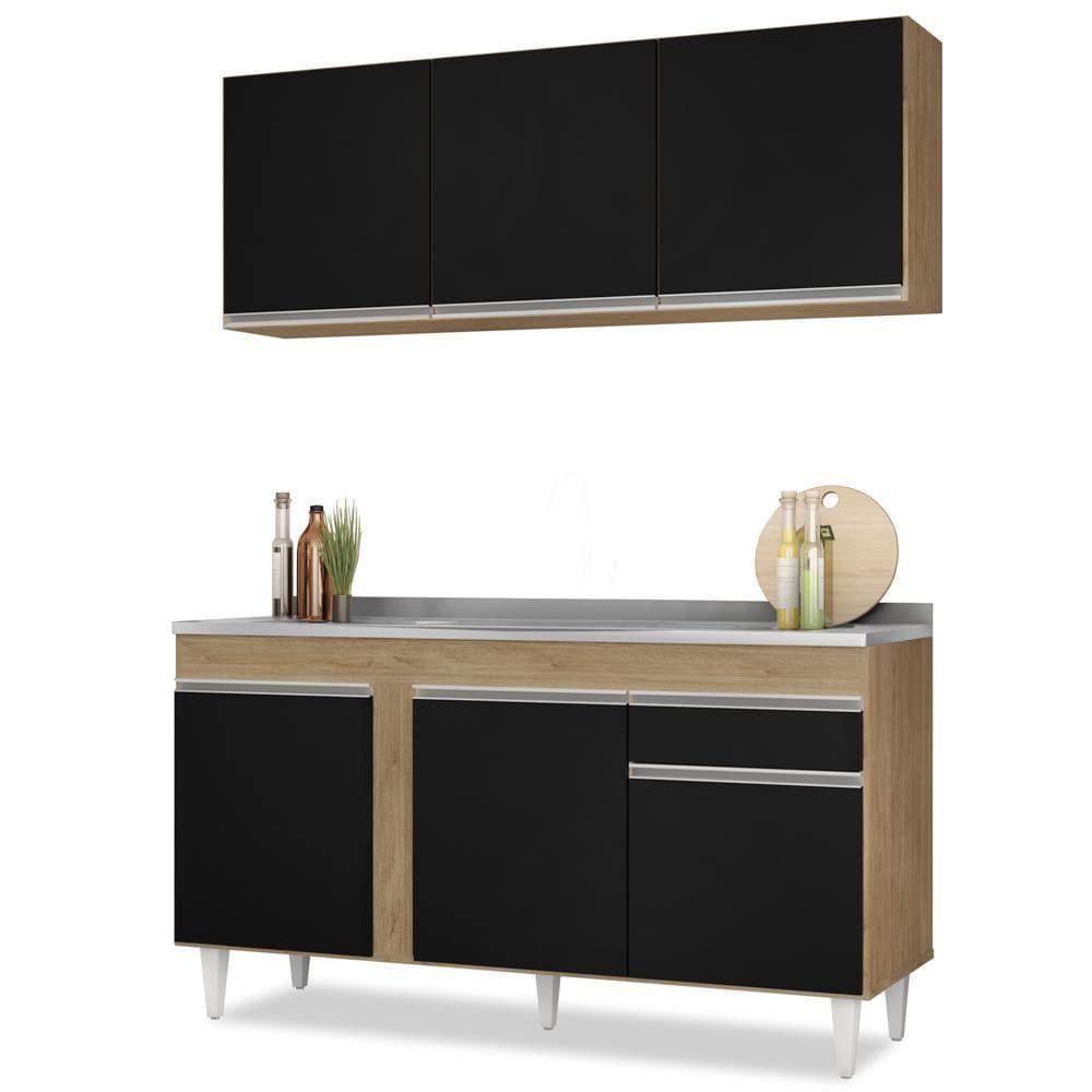 Armário Aéreo Argélia E Balcão Gabinete Com Pia Inox 150cm Dakota Castanho-preto - Lumil