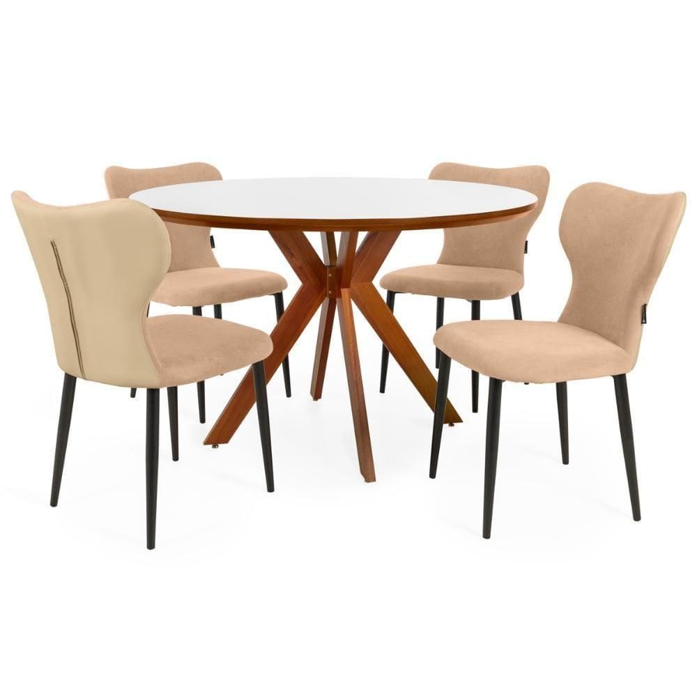 Conjunto Mesa De Jantar Redonda Marci Premium 120cm Branca Com 4 Cadeiras Estofadas Jacobsen - Bege