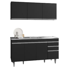 Armário Aéreo Argélia E Balcão Gabinete Com Pia Inox Marrocos 150cm Preto - Lumil Móveis