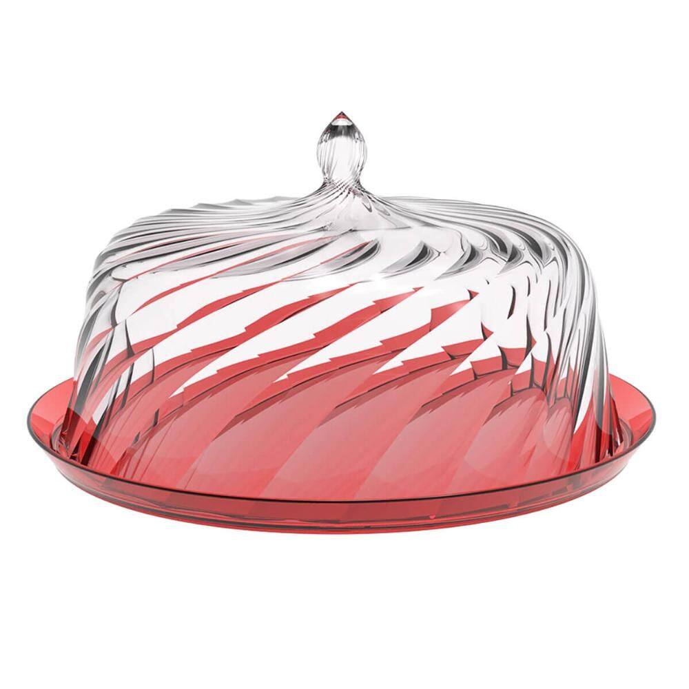 Porta Bolo Torta com Cúpula 25cm Vermelho Transparente Glass