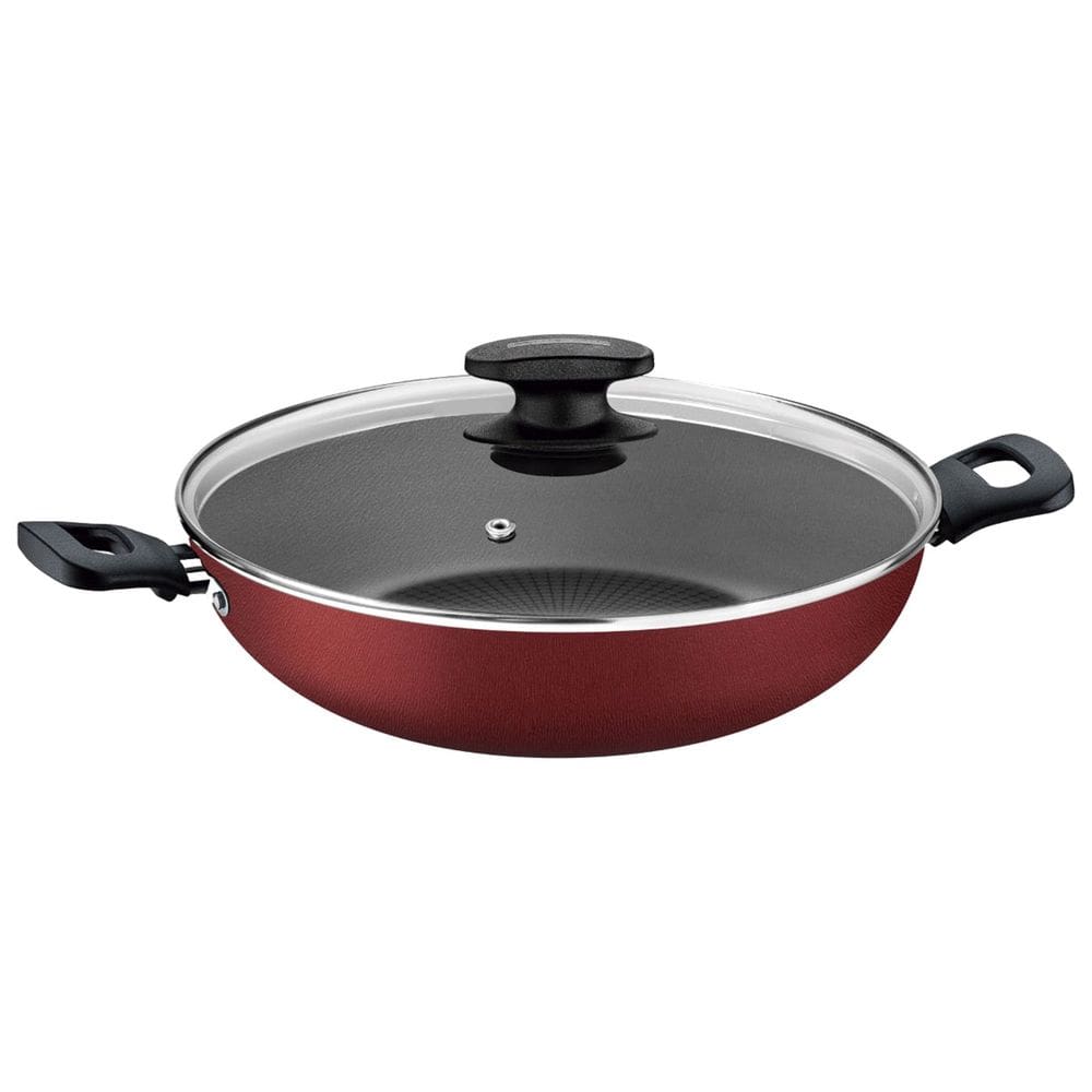 Panela WOK Loreto em Aluminio Antiaderente com Tampa Vermelha 28CM