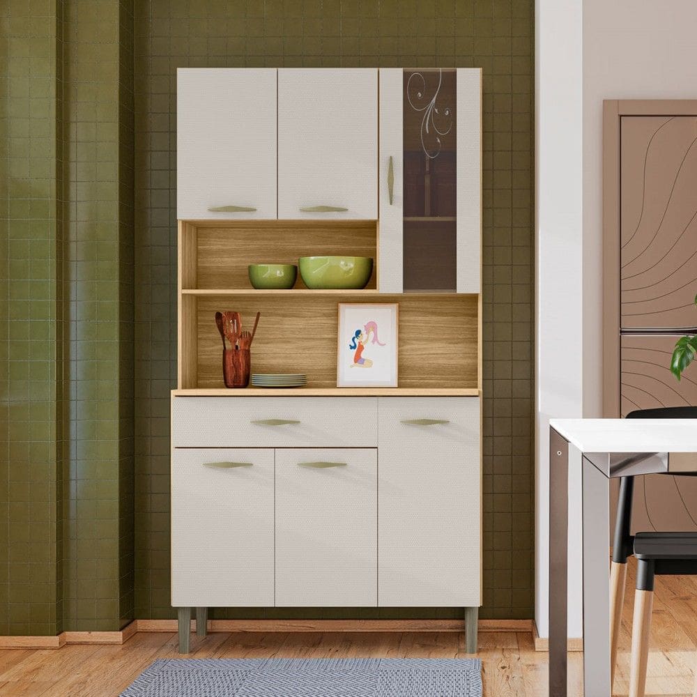 Armário de Cozinha com Balcão Star 6 Portas 1 Gaveta com Vidro Freijó/Soft - Pnr Móveis