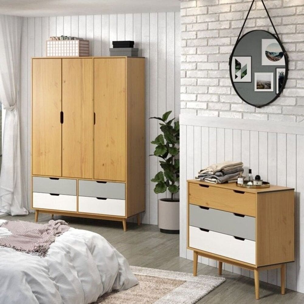 Conjunto Quarto em Madeira Maciça Guarda-Roupa 3 Portas e Cômoda 3 Gavetas Nórdica Yescasa Roble/Cinza/Branco