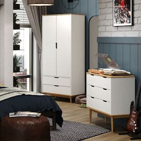 Conjunto Quarto com Armário 2 Portas 2 Gavetas e Cômoda 3 Gavetas Nórdica Yescasa ROBLE/BRANCO