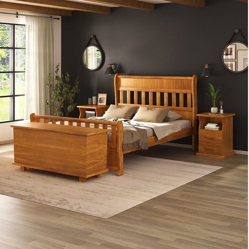 Conjunto Dormitório Casal com Cama, 2 Mesas de Cabeceira Slim e Baú de Peseira 140cm Nathalia Mogno Mel