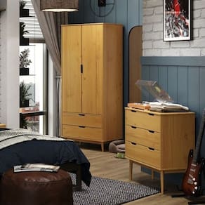 Conjunto Quarto com Armário 2 Portas 2 Gavetas e Cômoda 3 Gavetas Nórdica Yescasa Roble