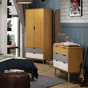 Conjunto Quarto com Armário 2 Portas 2 Gavetas e Cômoda 3 Gavetas Nórdica Yescasa Roble/Cinza/Branco