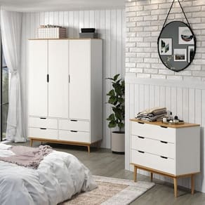 Conjunto Quarto com Guarda-Roupa 3 Portas 4 Gavetas e Cômoda 3 Gavetas Nórdica Yescasa ROBLE/BRANCO