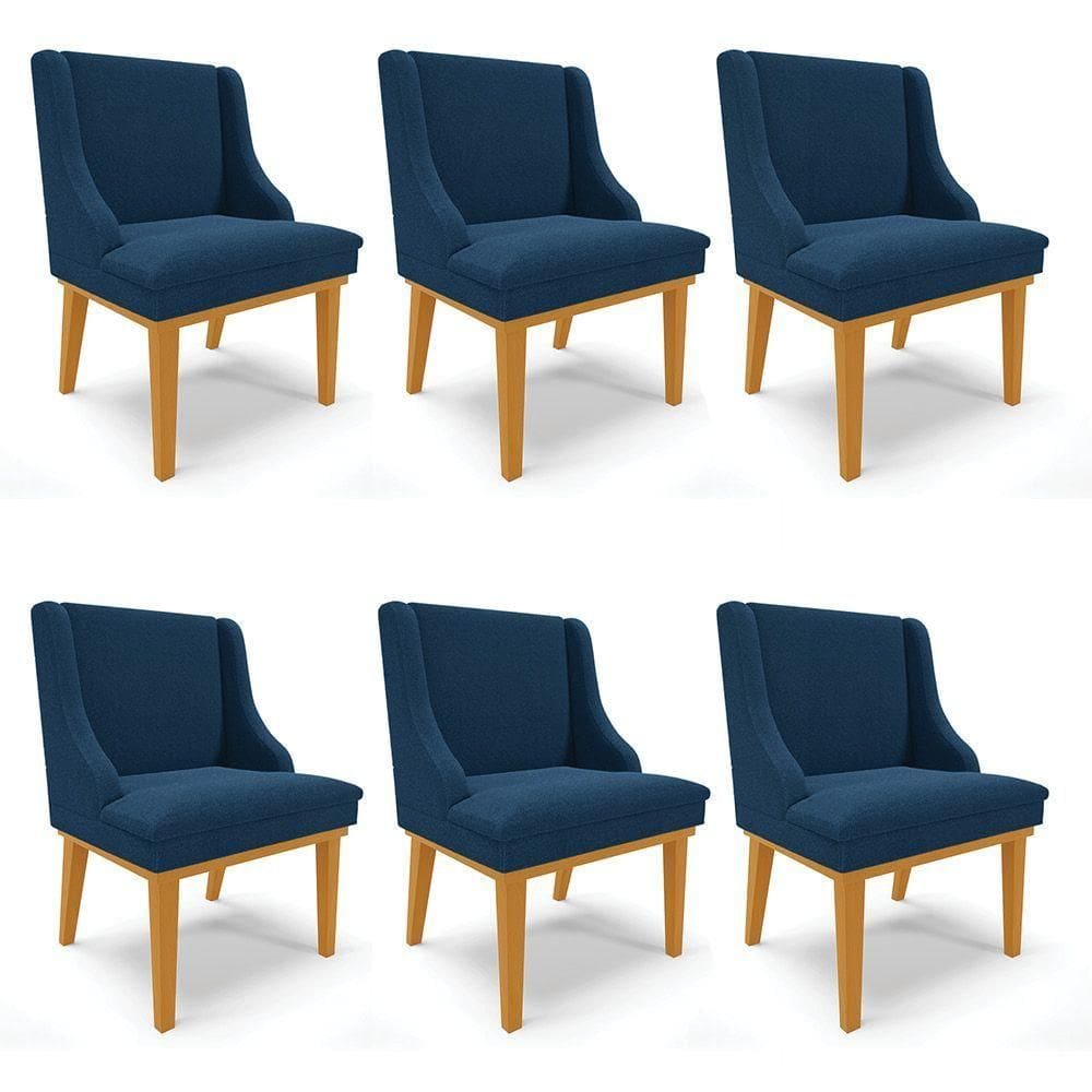 Cadeira Sala De Jantar Base Madeira Castanho Kit 6 Liz Bouclê Azul D03 - D`rossi