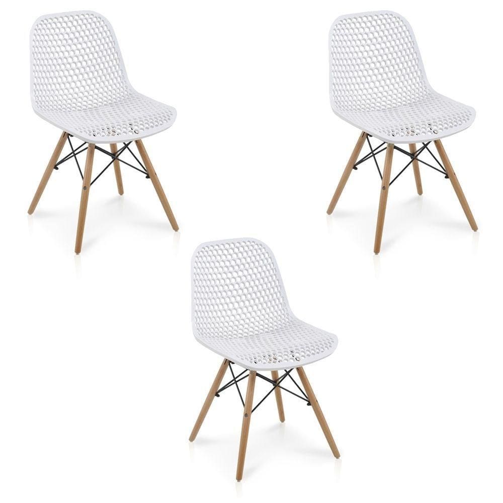 Cadeira Sala De Jantar Kit 3 Eloisa Base Madeira Branco R02 - D`rossi
