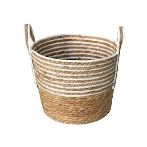 Cesto Fibra Natural Palha e Branco com Alça 26cm x 20cm - Paramount