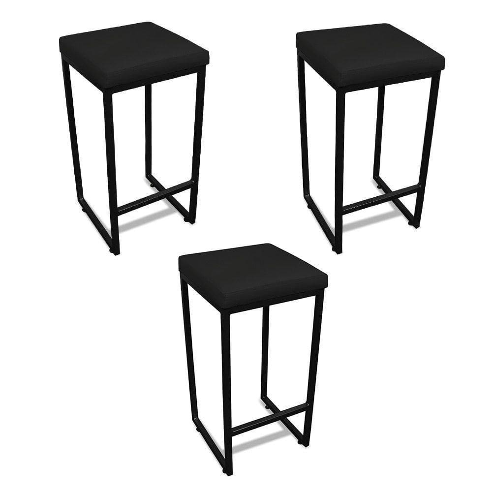 Banqueta Alta Para Cozinha Industrial Kit 3 Nick Preto E SintéticoPreto D03 - D`rossi