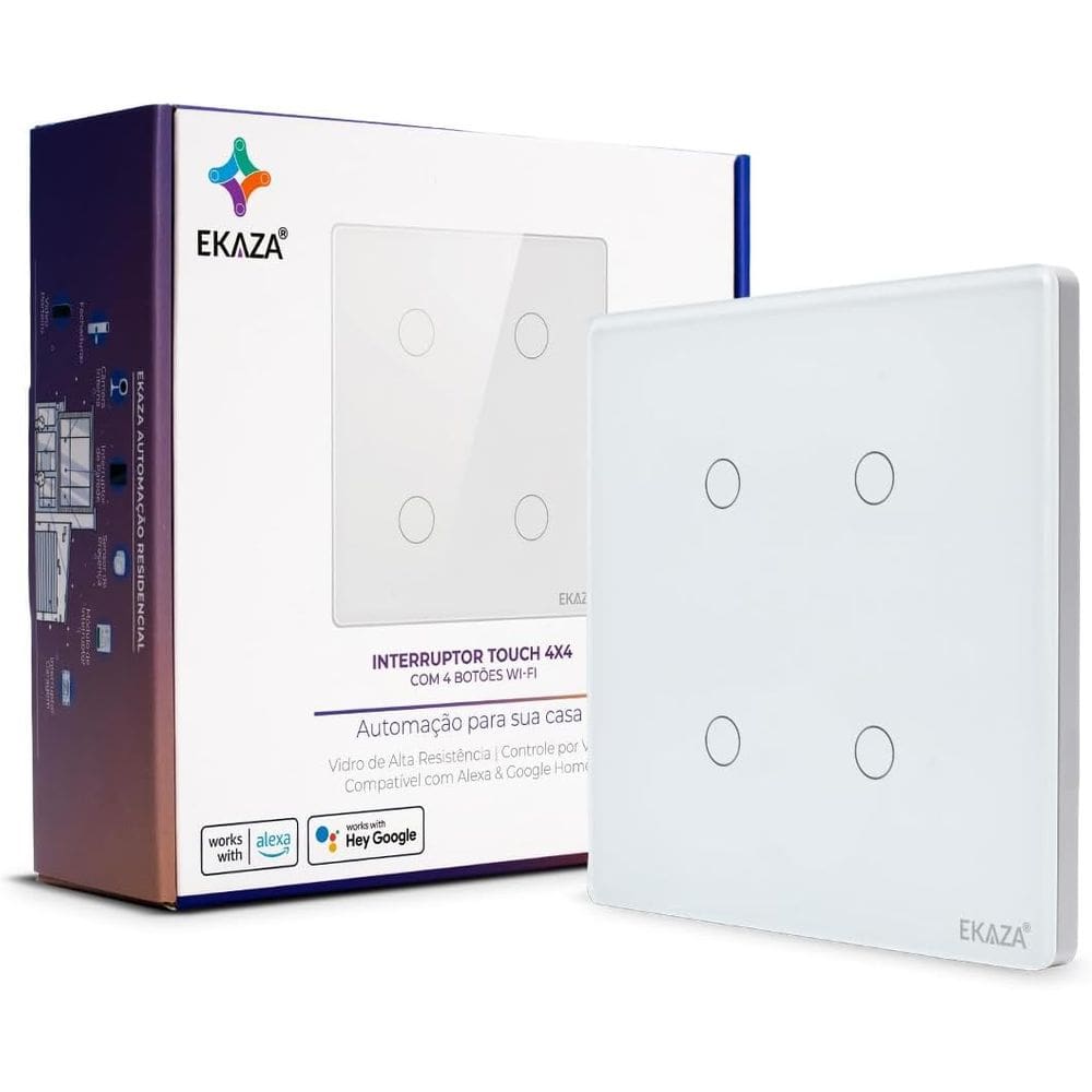 Interruptor Inteligente Touch borda 2.5 D Wifi+BLE 4X4 4 botões Branco Google home e Alexa