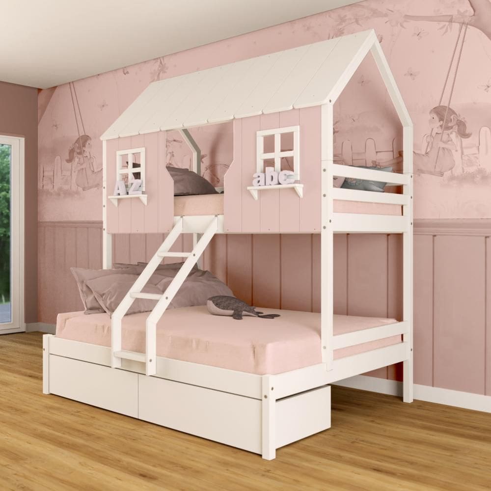 Beliche Casal/ Solteiro Casinha Encantada com 02 Gavetas Madeira Maciça Rosa/ Branco Megamobilia