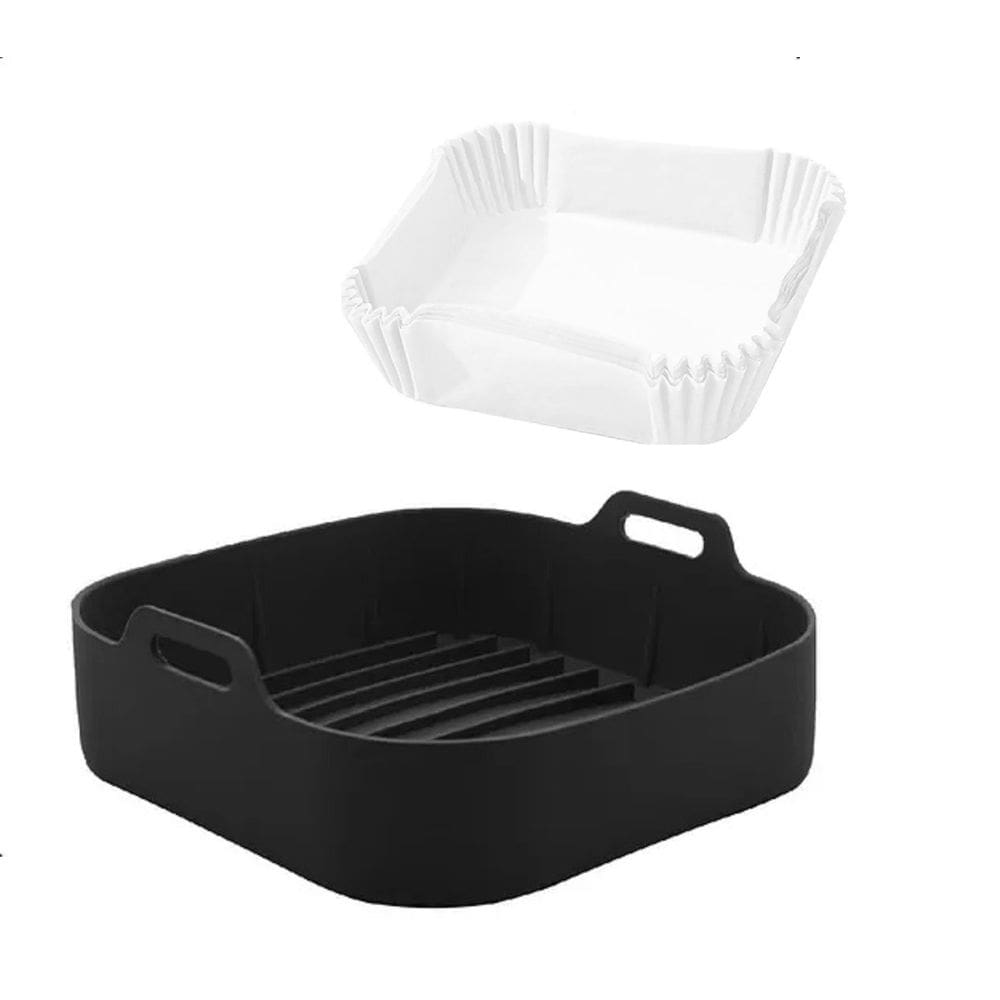 Kit Forma Silicone Quadrada + 50 Folhas Para Air Fryer 20cm
