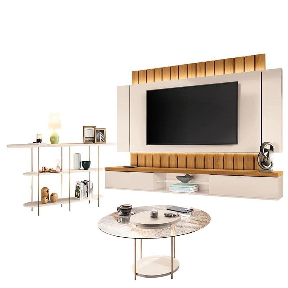 Home Suspenso Illusion 2.2 Cinamomo Off White e Aparador Infinity e Mesa de Centro Sky com Tampo de Vidro Off White- HB Móveis