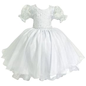 Vestido Branco com Brilho Suave e Detalhes nas Mangas Daminha Casamento Batizado Menina