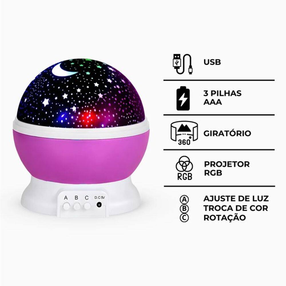 Luminária Rosa Projetor Estrelas 360º Abajur Star Master