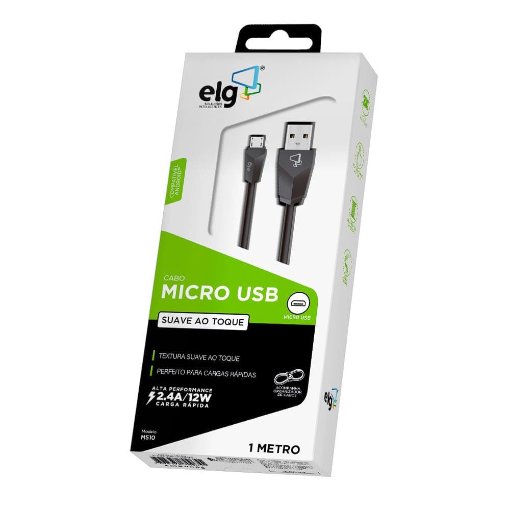 Cabo Micro USB ELG 2.4A Preto 1 Metro