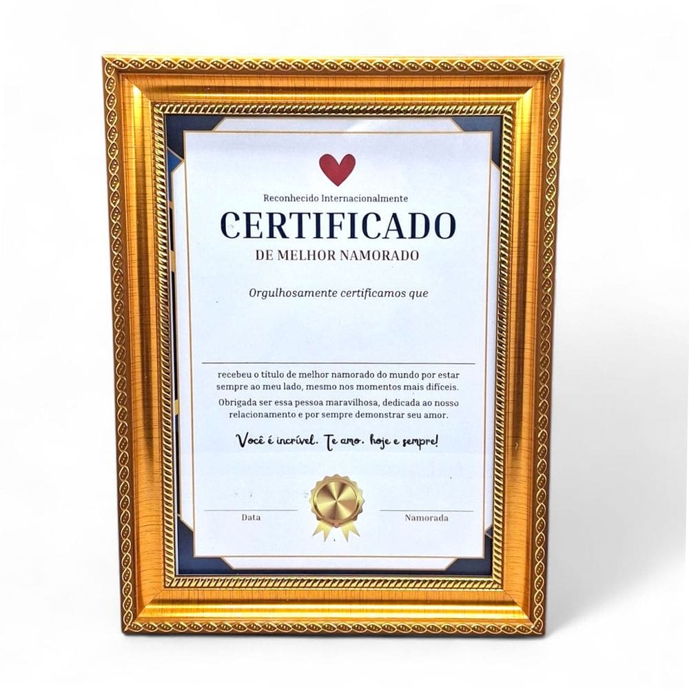 Certificado de Melhor Namorado com Moldura Dourada Presente