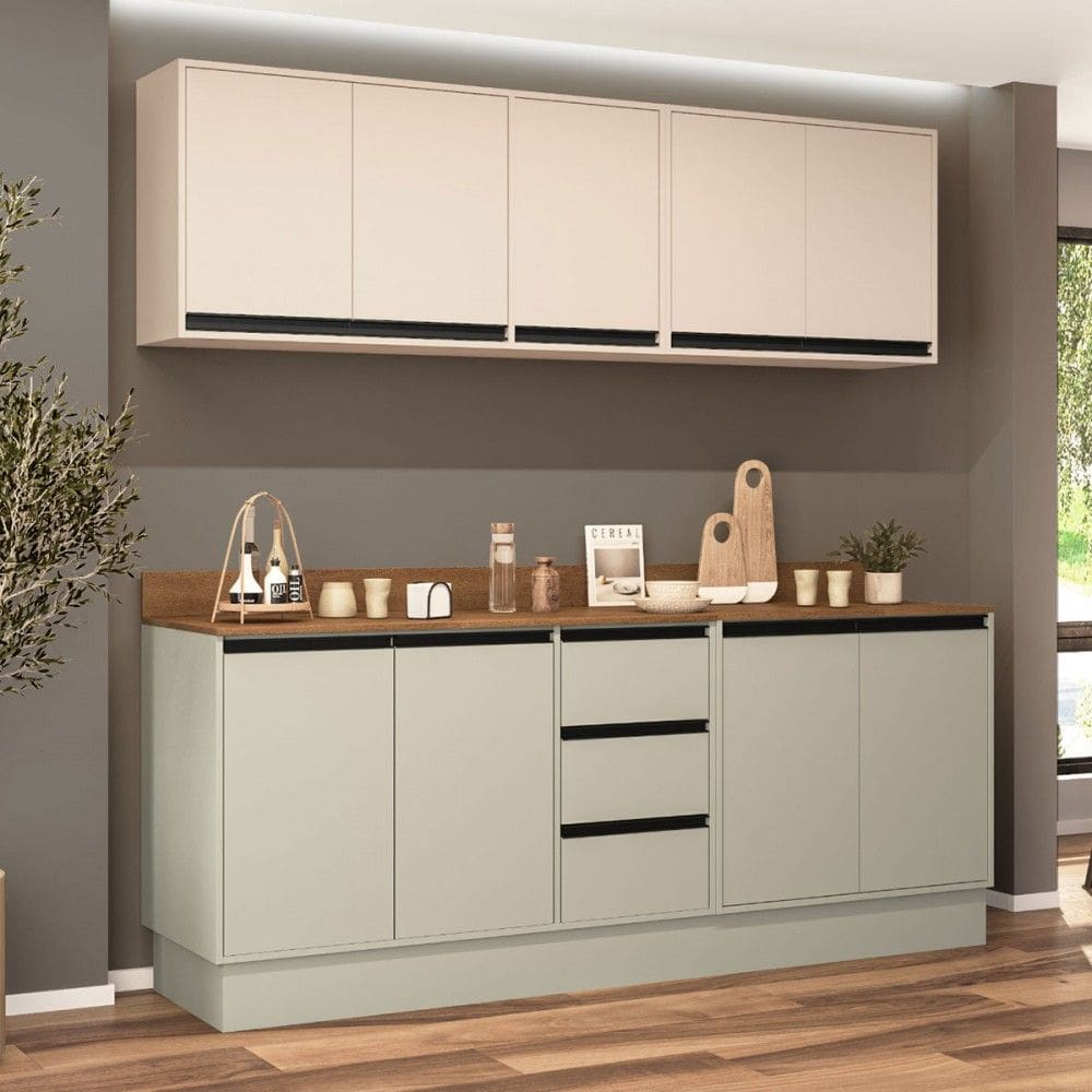 Cozinha Completa áurea 9 Portas 3 Gavetas Verde Oliva/Creme - Politorno