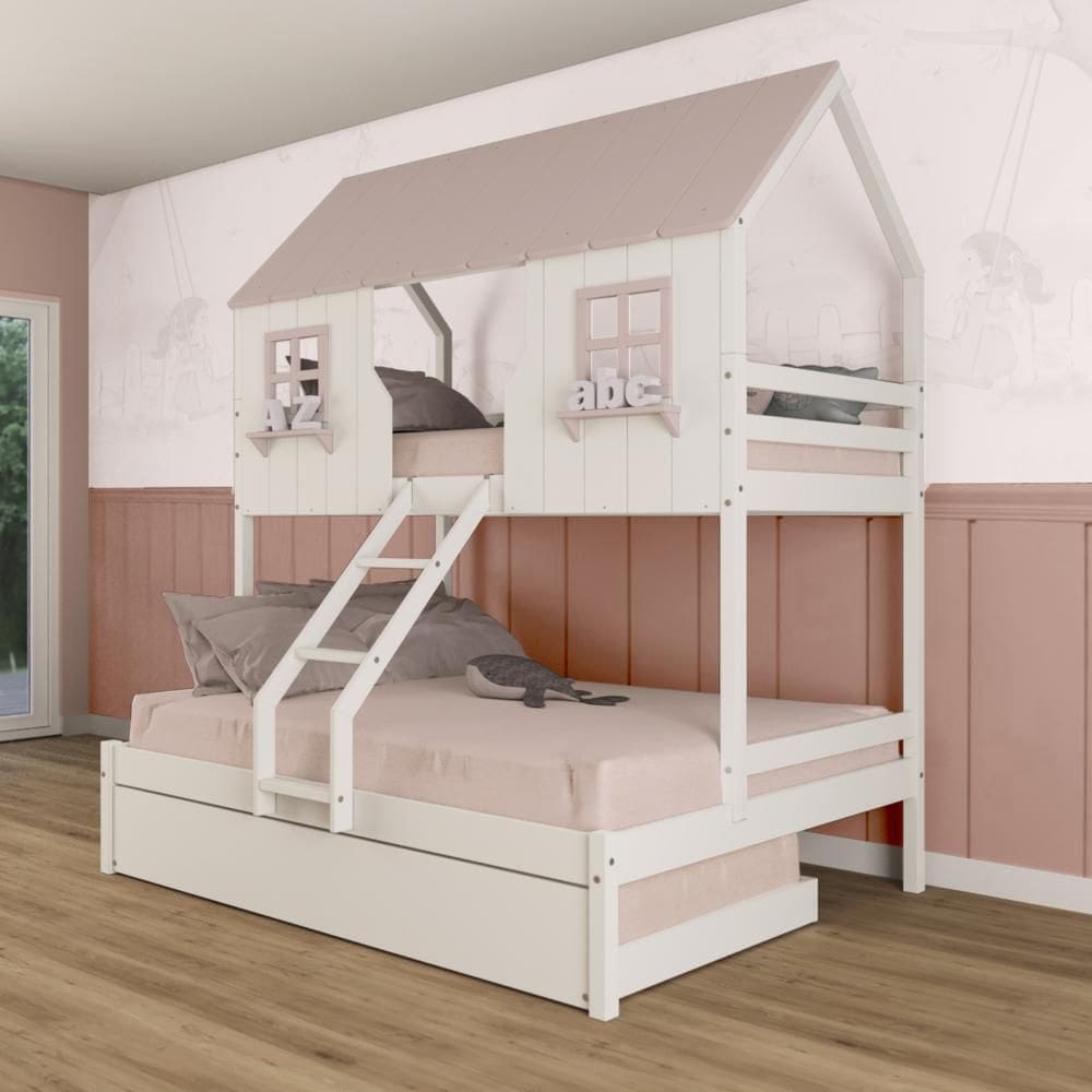 Treliche Casal/ Solteiro Casinha Encantada Madeira Maciça Branco/ Rosa Megamobilia