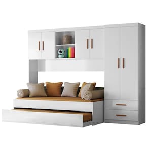 Dormitório ônix Guarda Roupa, Aéreo 4 Portas E Bicama Flex Branco Com Colchões Physical D20 - Peternella Móveis Branco