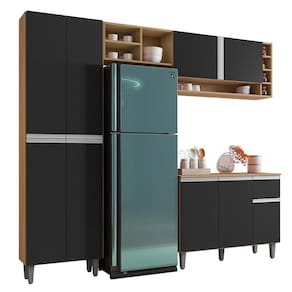 Cozinha Modulada Vanessa 230cm Paneleiro, Balcão Com Tampo Mdp E Aéreo Amêndoa-preto - Ajl Móveis Amêndoa-preto