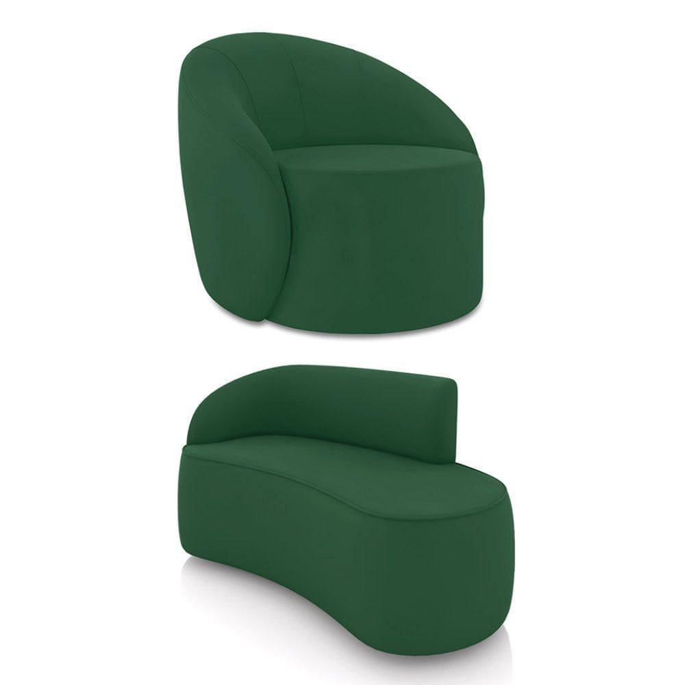 Sofá 2 Lugares Orgânico 140cm Morgan E Poltrona Lua Veludo Verde D03 - D`rossi
