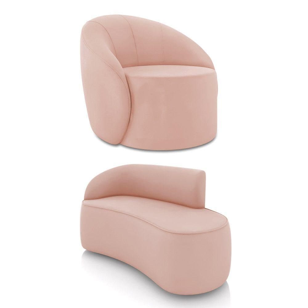 Sofá 2 Lugares Orgânico 140cm Morgan E Poltrona Lua Veludo Rose D03 - D`rossi