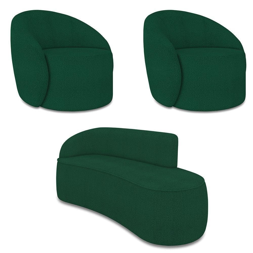 Sofá 3 Lugares Orgânico 180cm Morgan E 2 Poltronas Lua Bouclê Verde D03 - D`rossi