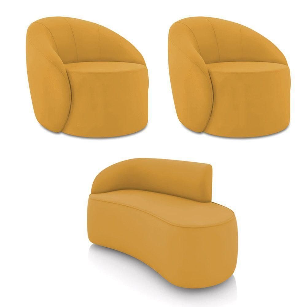 Sofá 2 Lugares Orgânico 140cm Morgan E 2 Poltronas Lua Veludo Mostarda D03 - D`rossi