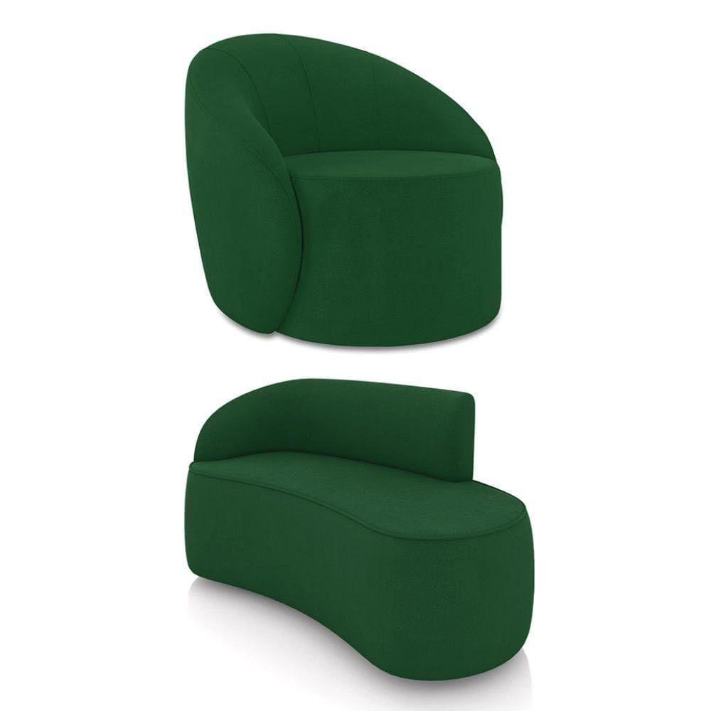 Sofá 2 Lugares Orgânico 140cm Morgan E Poltrona Lua Suede Verde D03 - D`rossi