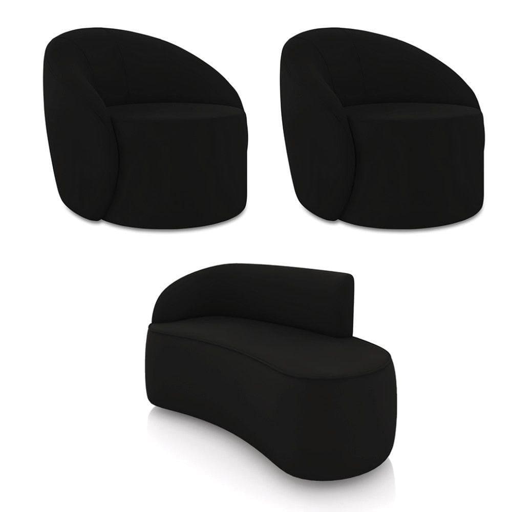 Sofá 2 Lugares Orgânico 140cm Morgan E 2 Poltronas Lua Veludo Preto D03 - D`rossi