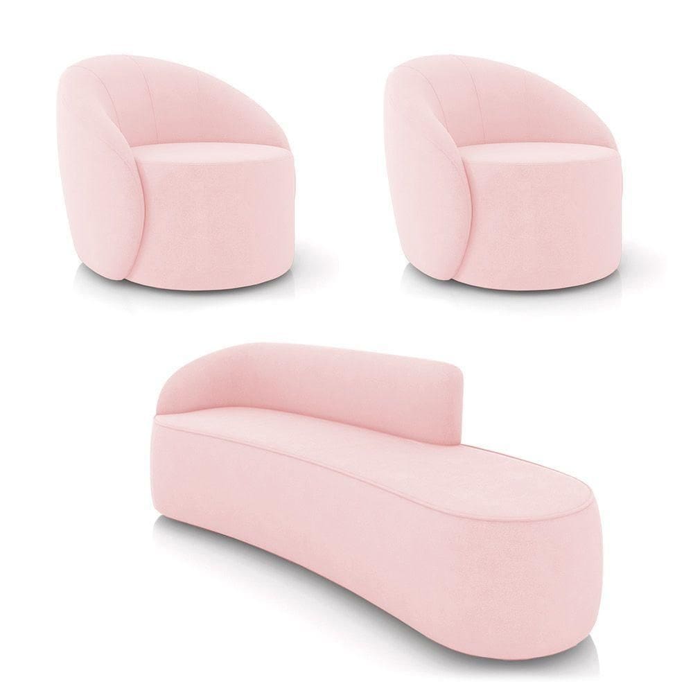 Sofá 4 Lugares Orgânico 220cm Morgan E 2 Poltronas Lua Suede Rosa Bebê D03 - D`rossi