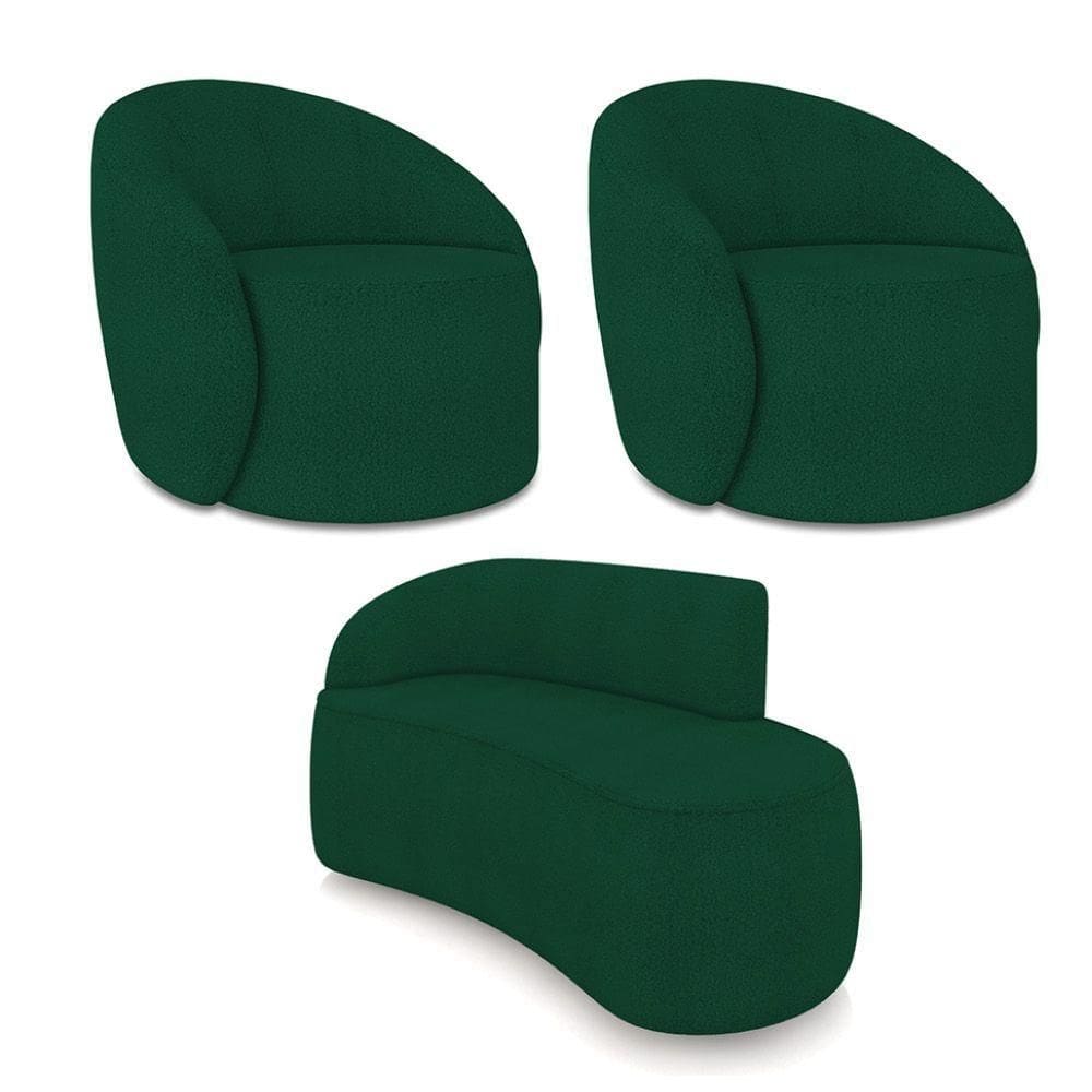 Sofá 2 Lugares Orgânico 140cm Morgan E 2 Poltronas Lua Bouclê Verde D03 - D`rossi