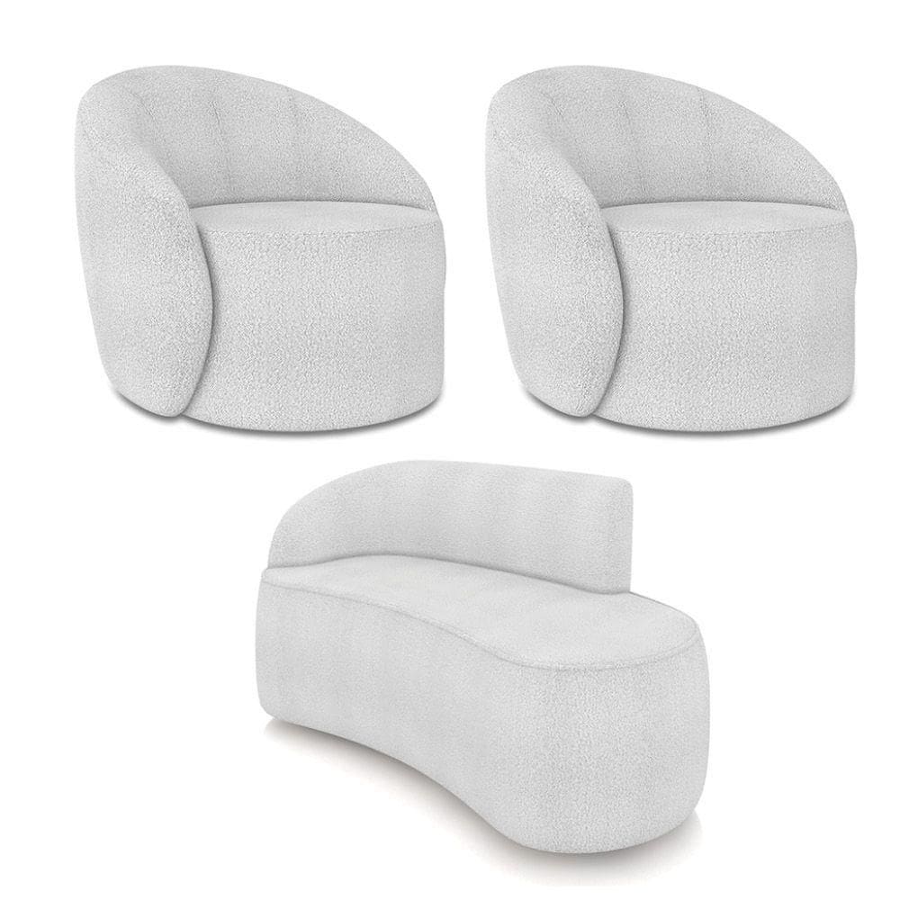 Sofá 2 Lugares Orgânico 140cm Morgan E 2 Poltronas Lua Bouclê Cinza D03 - D`rossi