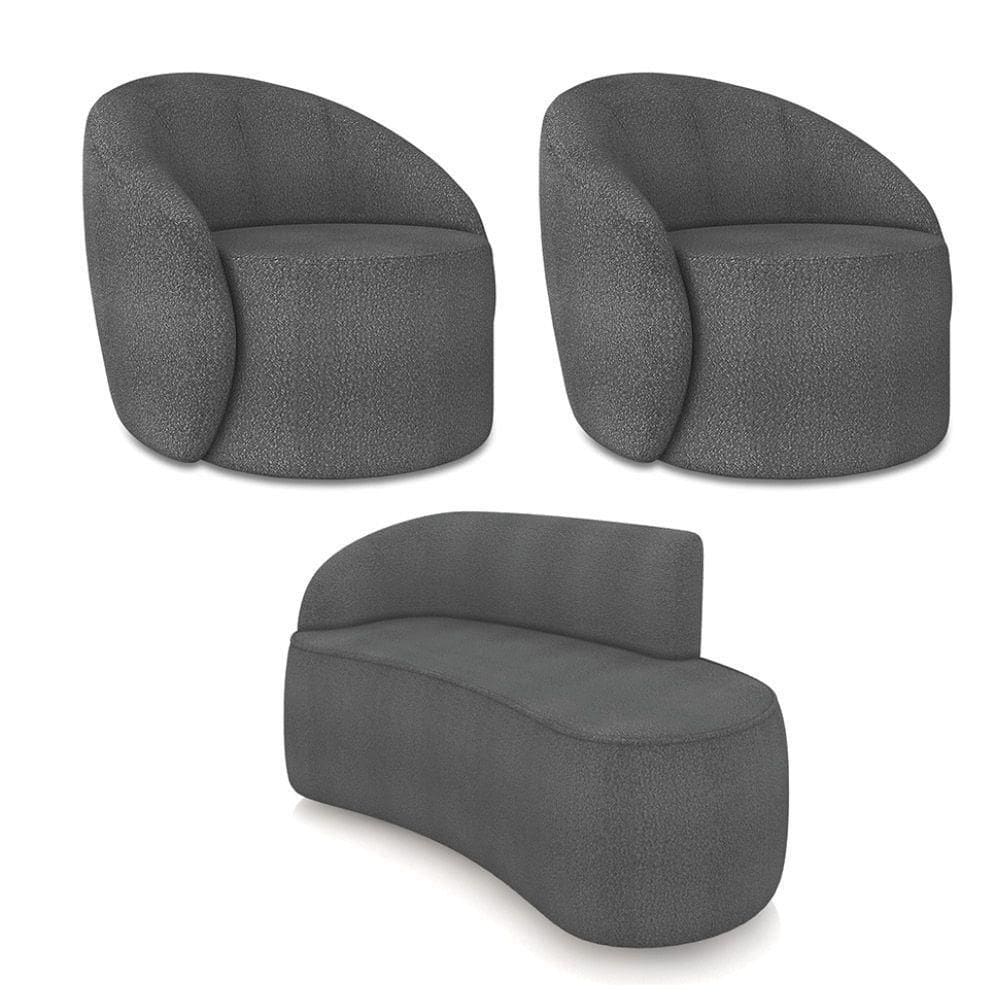 Sofá 2 Lugares Orgânico 140cm Morgan E 2 Poltronas Lua Bouclê Grafite D03 - D`rossi