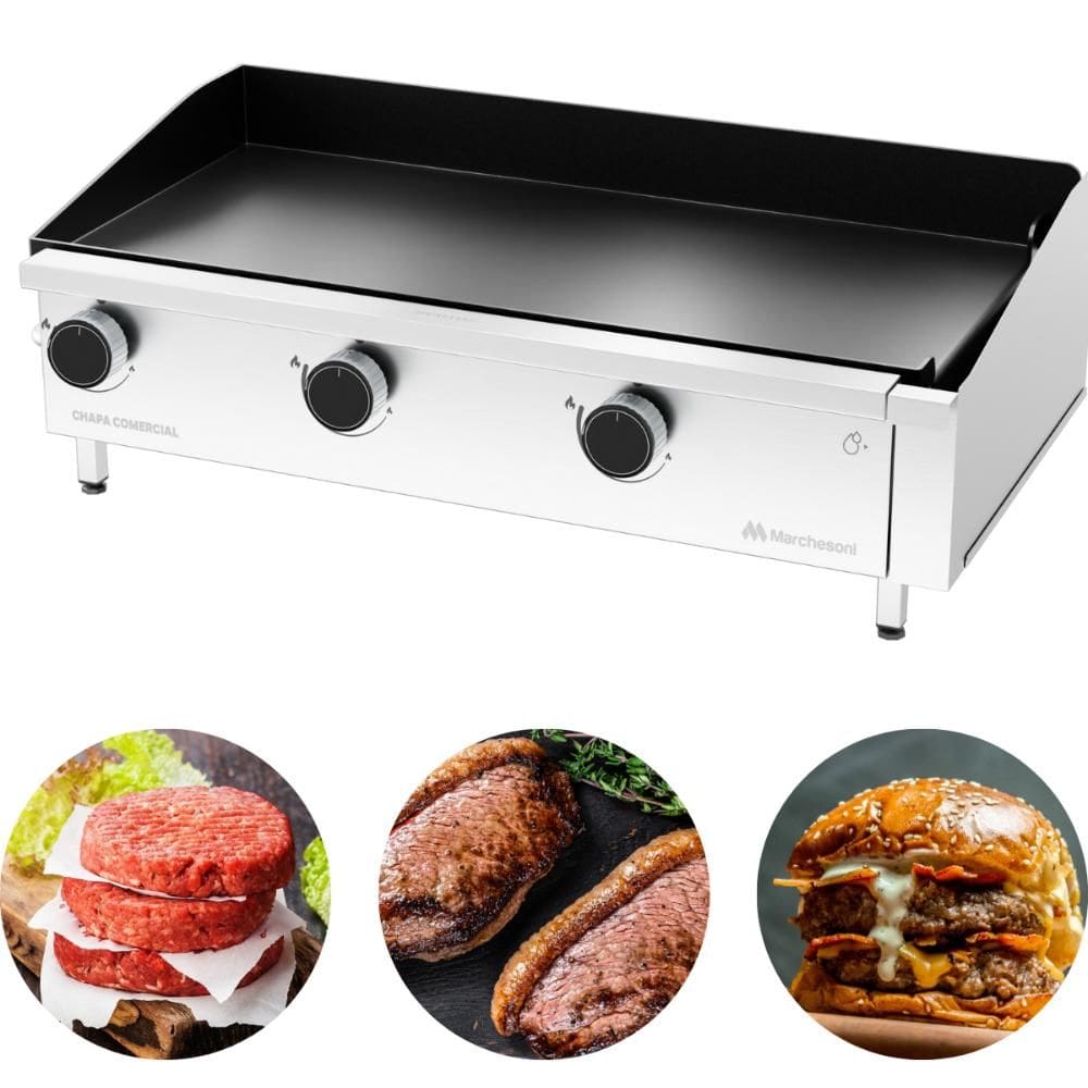 Chapa Comercial 3 Queimadores 5mm 40x80 A Gás Inox Marchesoni